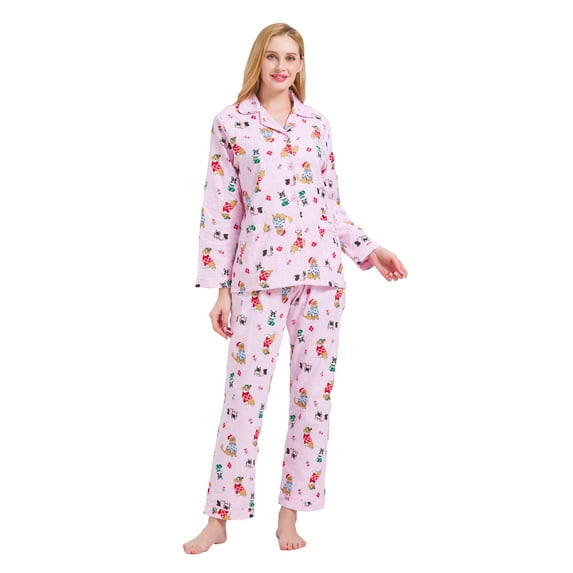 GLOBAL Womens Flannel Cotton Pajama Set Long PJs Flannel Loungewear Sleepwear,Size S-3XL