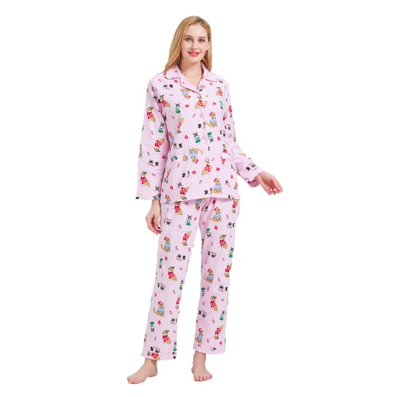 GLOBAL Womens Flannel Cotton Pajama Set Long PJs Flannel Loungewear Sleepwear,Size S-3XL