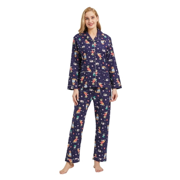 GLOBAL Womens Flannel Cotton Pajama Set Long PJs Flannel Loungewear Sleepwear,Size S-3XL