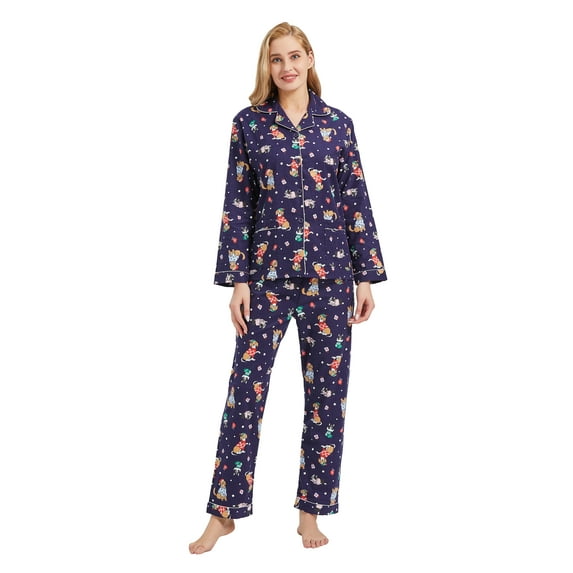 GLOBAL Womens Flannel Cotton Pajama Set Long PJs Flannel Loungewear Sleepwear,Size S-3XL