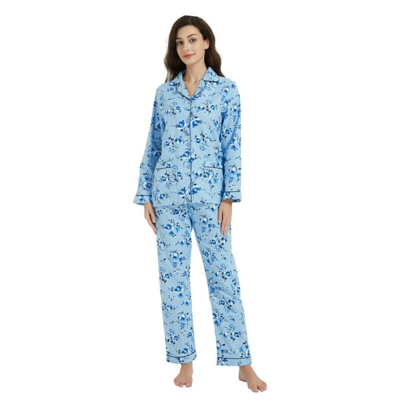 GLOBAL Womens Flannel Cotton Pajama Set Long PJs Flannel Loungewear Sleepwear,Size S-3XL