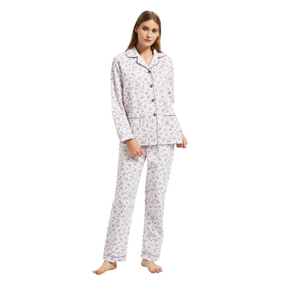 GLOBAL Womens Flannel Cotton Pajama Set Long PJs Flannel Loungewear Sleepwear,Size S-3XL