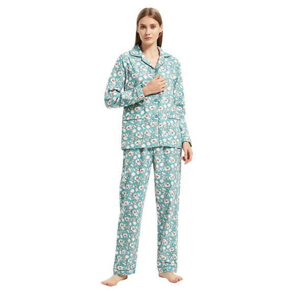 GLOBAL Womens Flannel Cotton Pajama Set Long PJs Flannel Loungewear Sleepwear,Size S-3XL