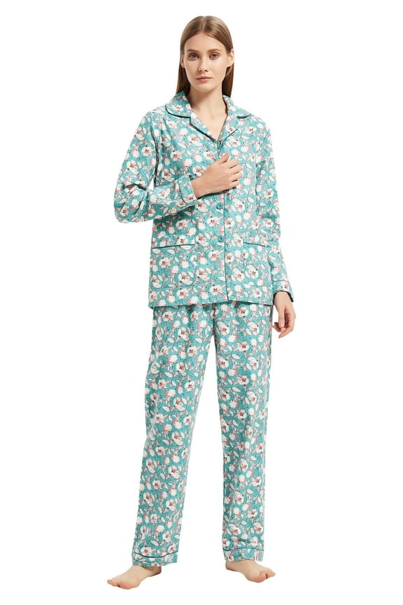 Womens Flannel Cotton Pajama Set Long PJs Flannel Loungewear Sleepwear,Size S-3XL