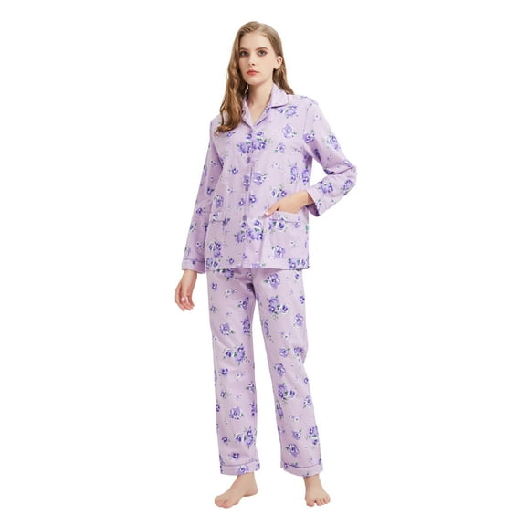 GLOBAL Womens Flannel Cotton Pajama Set Long PJs Flannel Loungewear Sleepwear,Size S-3XL