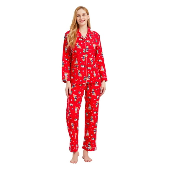 GLOBAL Womens Flannel Cotton Pajama Set Long PJs Flannel Loungewear Sleepwear,Size S-3XL