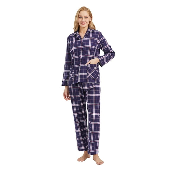 GLOBAL Women's 100% Cotton Flannel Pajama Set - Cozy Winter 2-Piece Loungewear with Button-Down Top & Pants, Size S-3XL