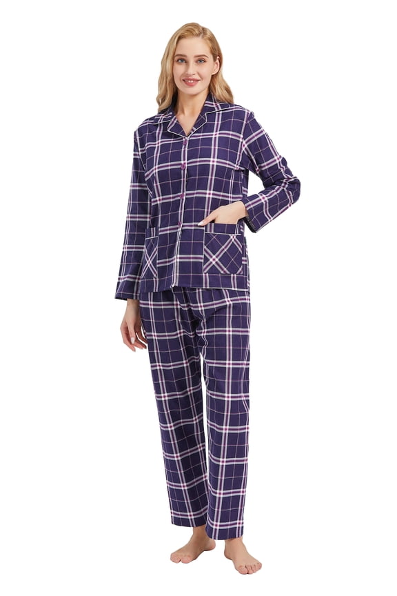 Women's 100% Cotton Flannel Pajama Set - Cozy Winter 2-Piece Loungewear with Button-Down Top & Pants, Size S-3XL