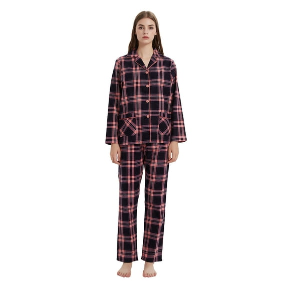 GLOBAL Womens Flannel Cotton Pajama Set Long PJs Flannel Loungewear Sleepwear,Size S-3XL