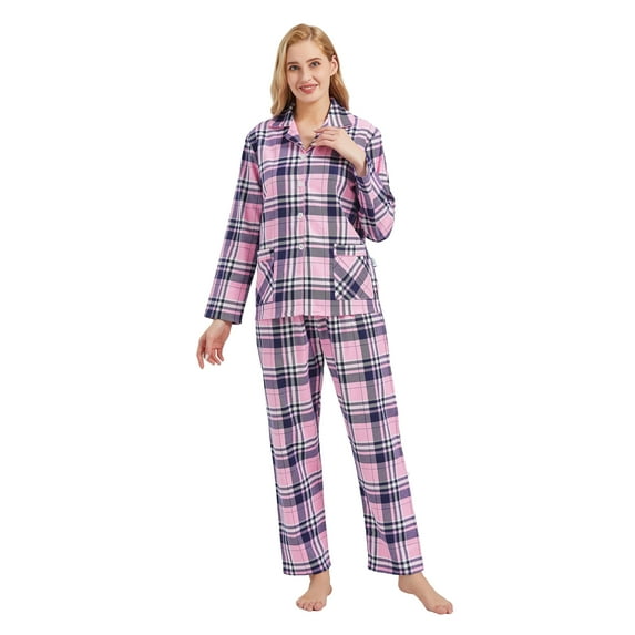 GLOBAL Women’s Flannel Pajama Set 100% Cotton Comfy PJs for Women Long Sleeve Button Front 2-Piece Warm and Cozy Sleepwear,Size S-3XL