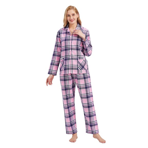 GLOBAL Women’s Flannel Pajama Set 100% Cotton Comfy PJs for Women Long Sleeve Button Front 2-Piece Warm and Cozy Sleepwear,Size S-3XL