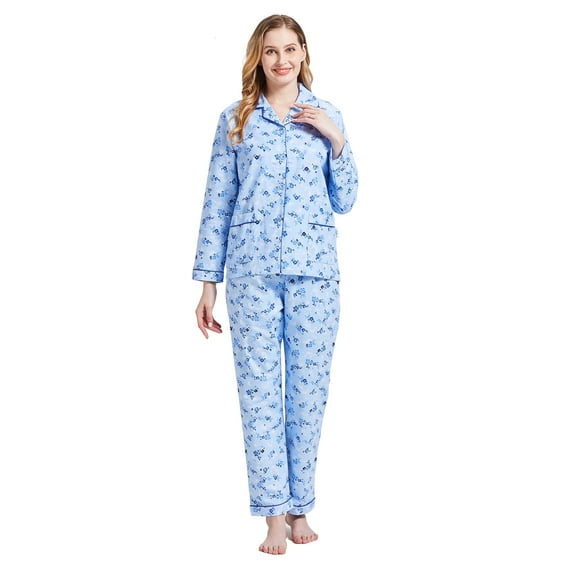 GLOBAL Women's 100% Cotton Flannel Pajama Set - Cozy Winter 2-Piece Loungewear with Button-Down Top & Pants, Size S-3XL