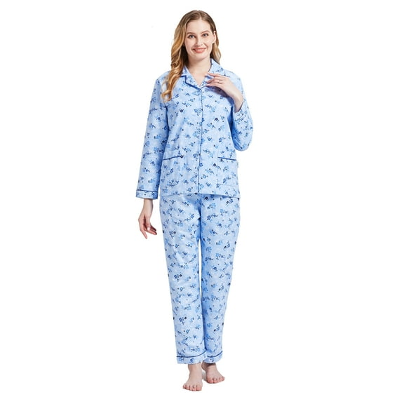 GLOBAL Women's 100% Cotton Flannel Pajama Set - Cozy Winter 2-Piece Loungewear with Button-Down Top & Pants, Size S-3XL