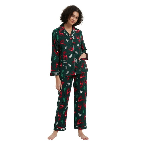GLOBAL Womens Flannel Cotton Pajama Set Long PJs Flannel Loungewear Sleepwear,Size S-3XL