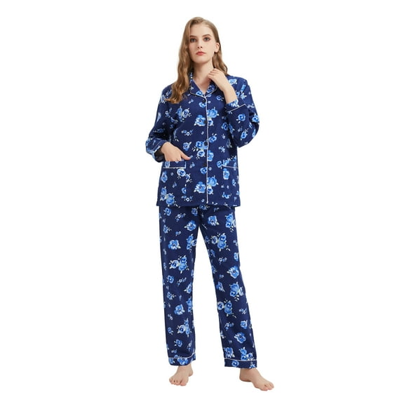 GLOBAL Womens Flannel Cotton Pajama Set Long PJs Flannel Loungewear Sleepwear,Size S-3XL