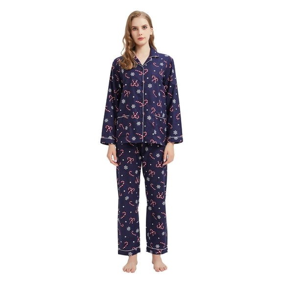 GLOBAL Womens Flannel Cotton Pajama Set Long PJs Flannel Loungewear Sleepwear,Size S-3XL