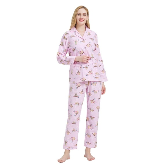 GLOBAL Womens Flannel Cotton Pajama Set Long PJs Flannel Loungewear Sleepwear,Size S-3XL