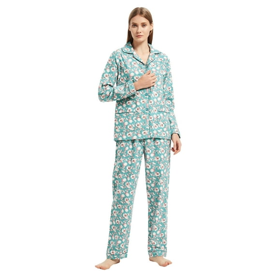 GLOBAL Womens Flannel Cotton Pajama Set Long PJs Flannel Loungewear Sleepwear,Size S-3XL