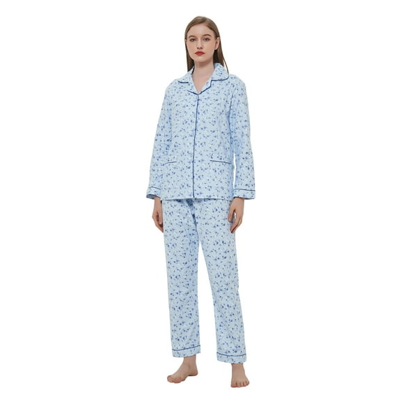 GLOBAL Womens Flannel Cotton Pajama Set Long PJs Flannel Loungewear Sleepwear,Size S-3XL