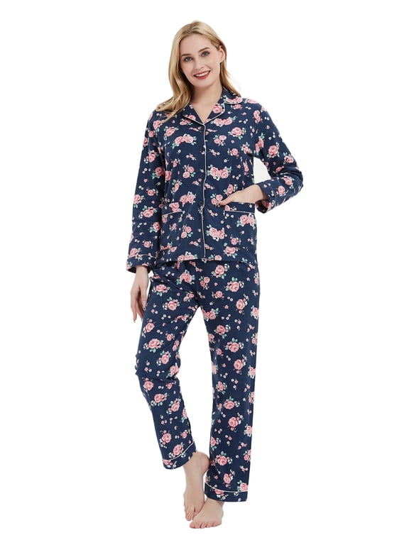 Womens Flannel Cotton Pajama Set Long PJs Cozy Winter Flannel Loungewear Sleepwear,Size S-3XL