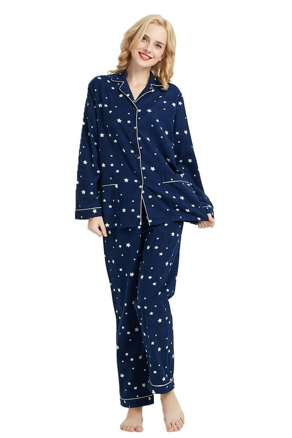 Womens Flannel Cotton Pajama Set Long PJs Flannel Loungewear Sleepwear,Size S-3XL