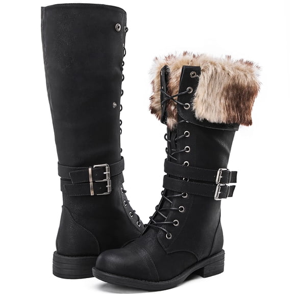 GLOBALWIN Black Combat Boots For Women Knee High 8M