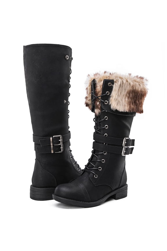 GLOBALWIN Black Combat Boots For Women Knee High 9.5M