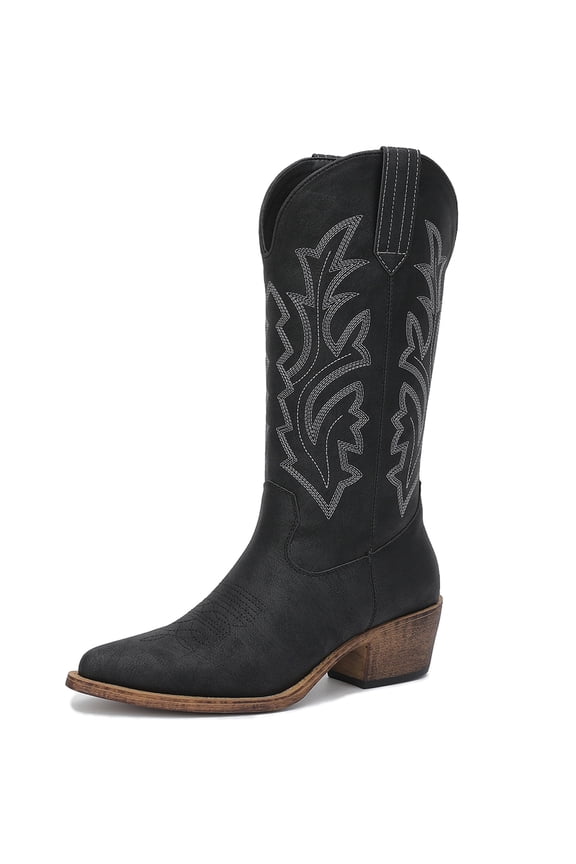 GLOBALWIN Black Cowboy Boots for Women Women's Western Boots Embroidered Mid Calf Cowgirl Boots Size 9.5M