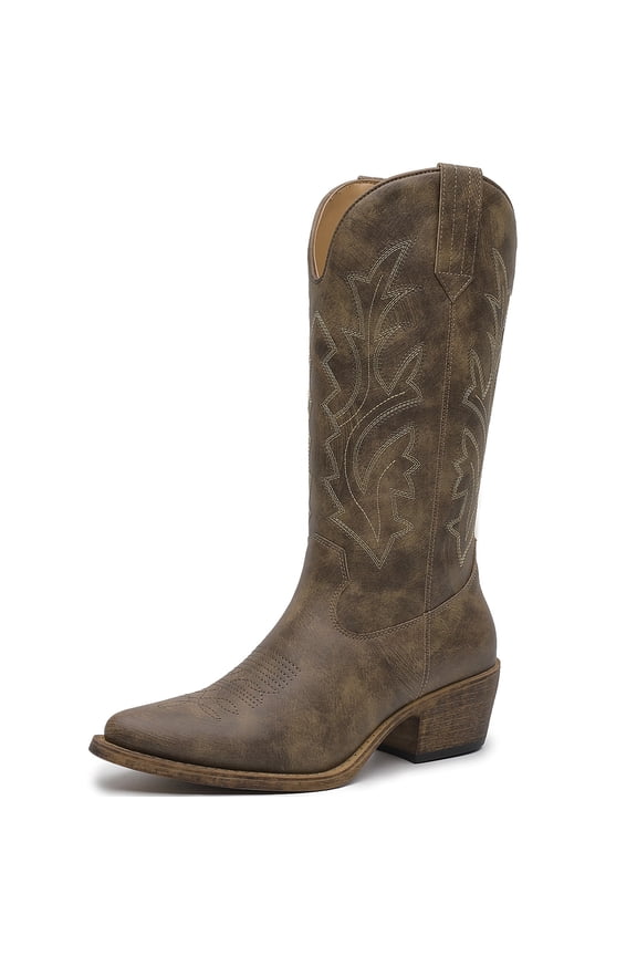 GLOBALWIN Brown Cowboy Boots For Women Western Boots Embroidered Mid Calf Knee High Cowgirl Boots Size 11M