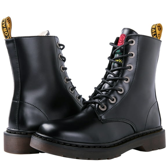 GLOBALWIN Lace-Up Black Faux Fur Lined Winter Combat Boots Womens 7M