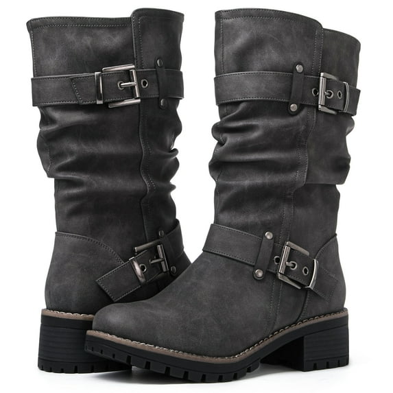 GLOBALWIN Mid Calf Dress Boots for Women Biker Boots Women Grey 7M