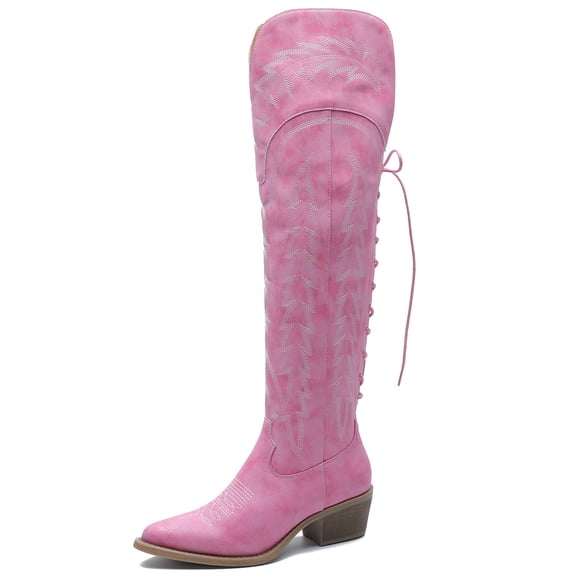 GLOBALWIN Pink Boots For Women Women's Pink Cowgirl Boots Western Fashion Over The Knee Thigh High Cowboy Boots For Women Low Heel Size 7M