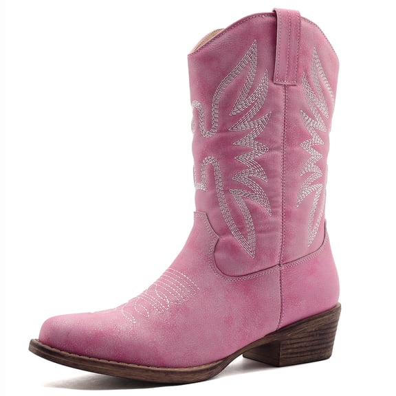 GLOBALWIN Pink Cowboy Boots For Women Pink Cowgirl Boots Square Toe Snip Toe Western Boots With Low Heel Size 9M