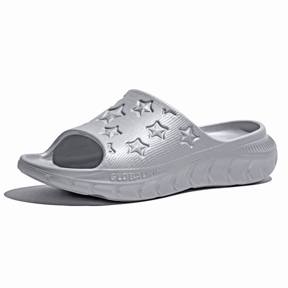 GLOBALWIN Recovery Slides For Women Ava Sports Sandals With Comfortable Arch Support Indoor Outdoor Cloud Slippers Reduce Stress on Feet Lightweight Silver Metallic Size 8M