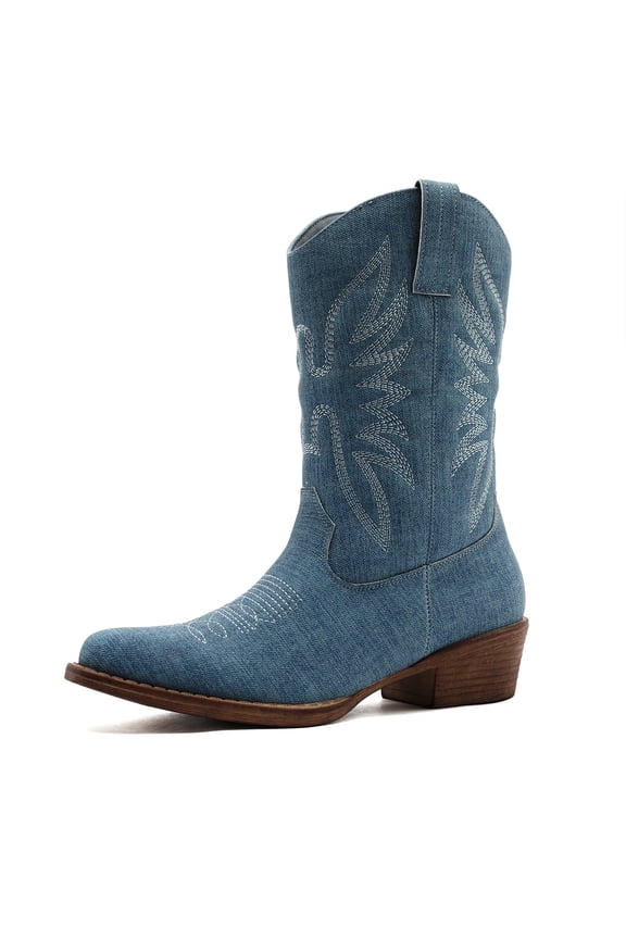 GLOBALWIN Square Toe Denim Blue Cowboy Boots For Women Cowgirl Western Boots With Low Heel Size 7.5M