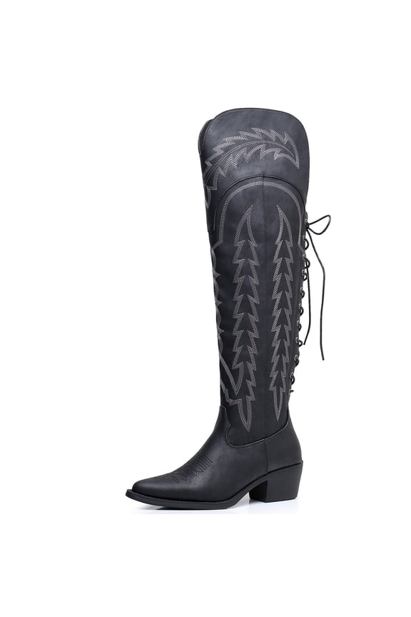 GLOBALWIN Women's Black Cowboy Boots Western Fashion Over The Knee Thigh High Cowgirl Boots Low Heel Size 10M