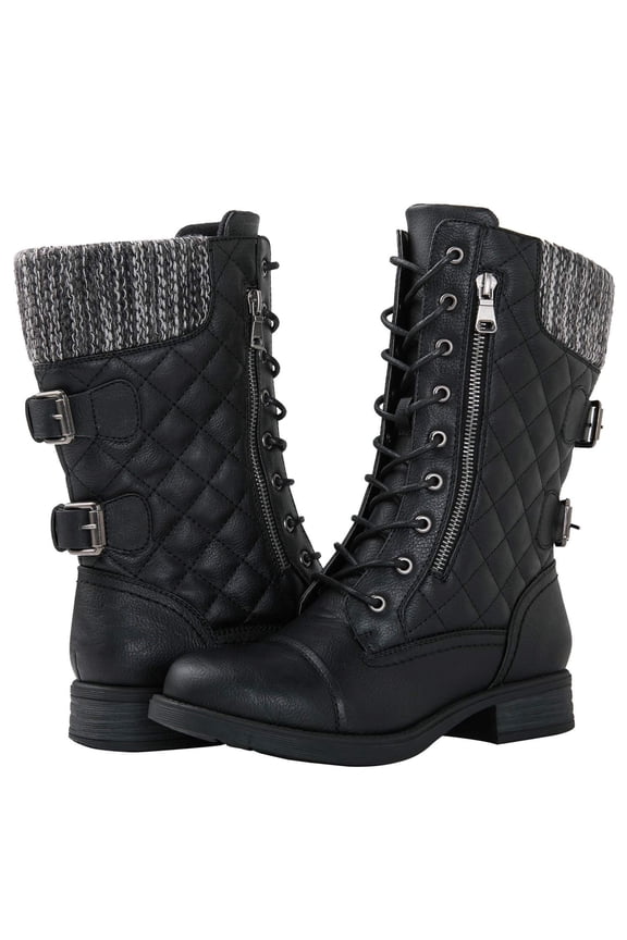 GLOBALWIN Women's Black Mid Calf Lace Up Combat Boots 7.5M