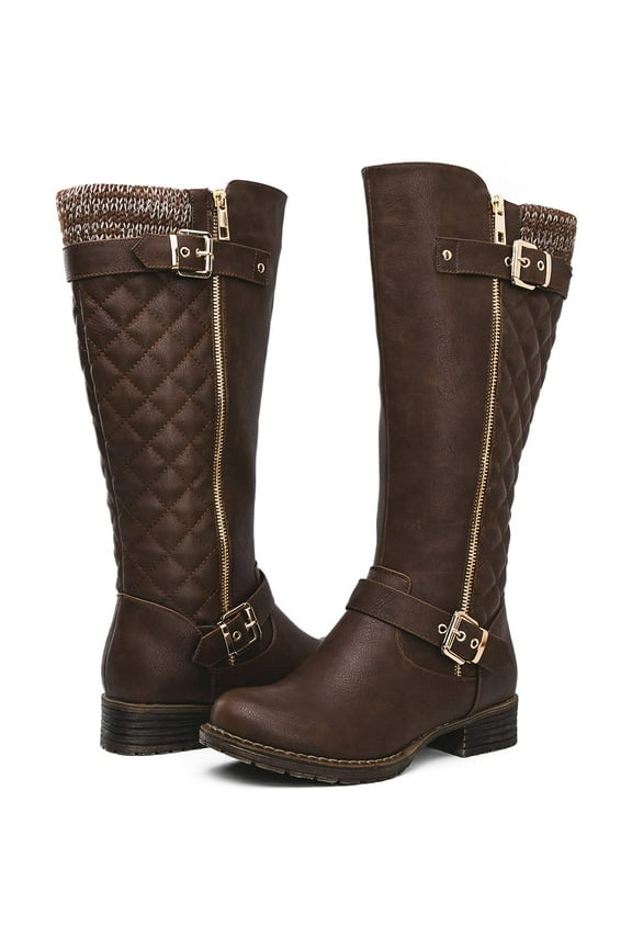 GLOBALWIN Women's Brown Quilted Knee-High Fall Winter Fashion Riding Boots 9.5M