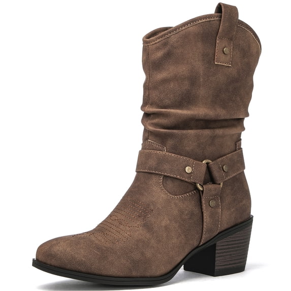 GLOBALWIN Women's Camel Mid Calf Cowgirl Boots Fashion Western Cowboy Boots for Women Chunky Low Heel With Side Zipper Size 8M