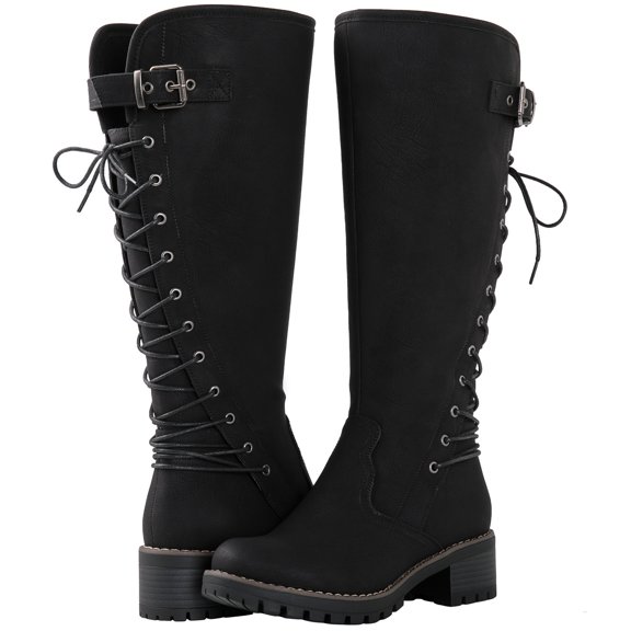 GLOBALWIN Women's Chunky Heel Black Lace Up Back Knee High Fashion Boots 8M