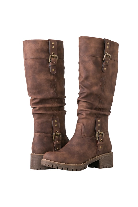 GLOBALWIN Women's Chunky Heel Brown Knee High Riding Boots 8M