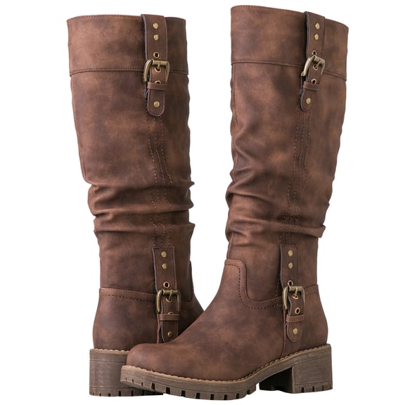 GLOBALWIN Women's Chunky Heel Brown Knee High Riding Boots 9M