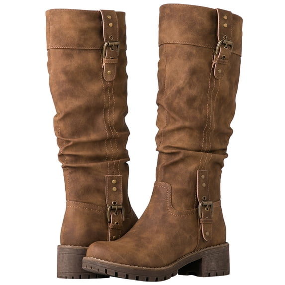 GLOBALWIN Women's Chunky Heel Camel Knee High Riding Boots 8M