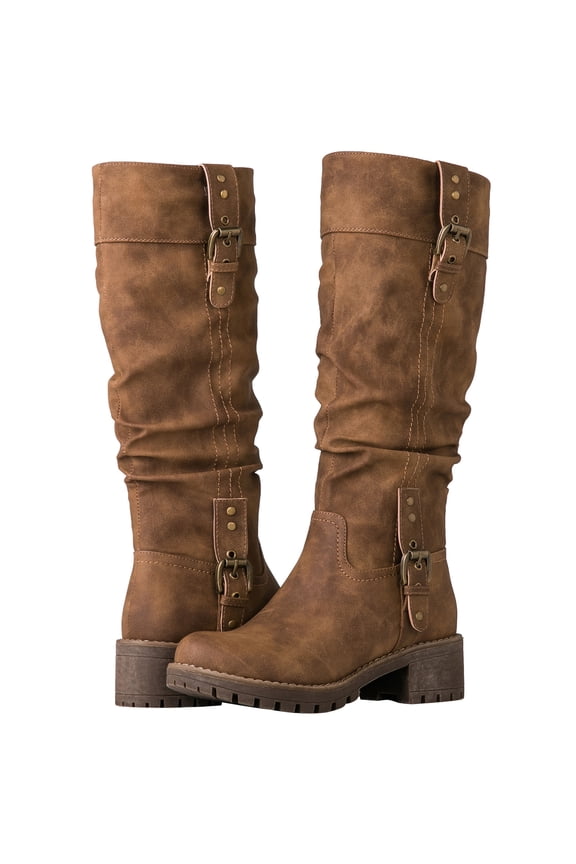 GLOBALWIN Women's Chunky Heel Camel Knee High Riding Boots 8M