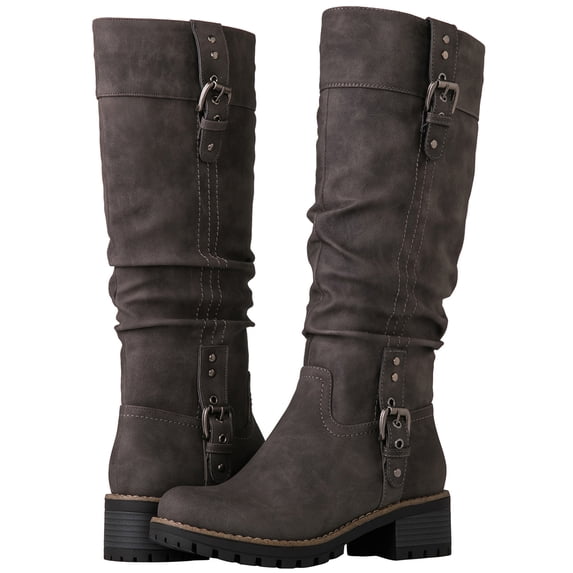 GLOBALWIN Women's Chunky Heel Grey Knee High Riding Boots 8M