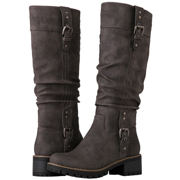 GLOBALWIN Women's Chunky Heel Grey Knee High Riding Boots 8M