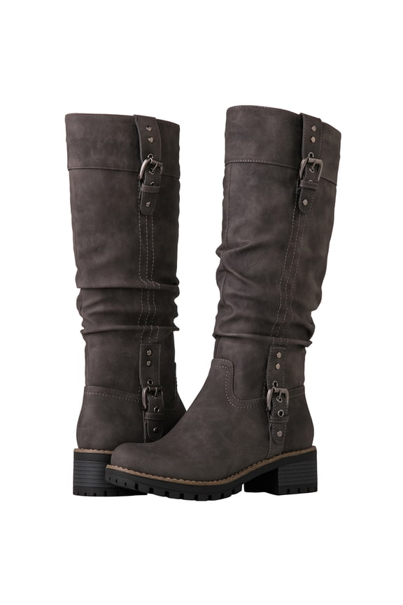 GLOBALWIN Women's Chunky Heel Grey Knee High Riding Boots 9M