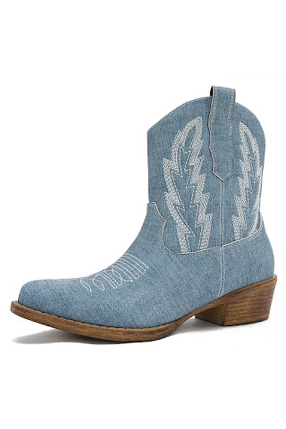 GLOBALWIN Women’s Denim Blue Western Boots Embroidered Cowboy Boots with Chisel Toe Side Zip Ankle Boots For Women With Low Stacked Block Heel, Trendy Fall Spring Summer Short Boots Size 8.5M