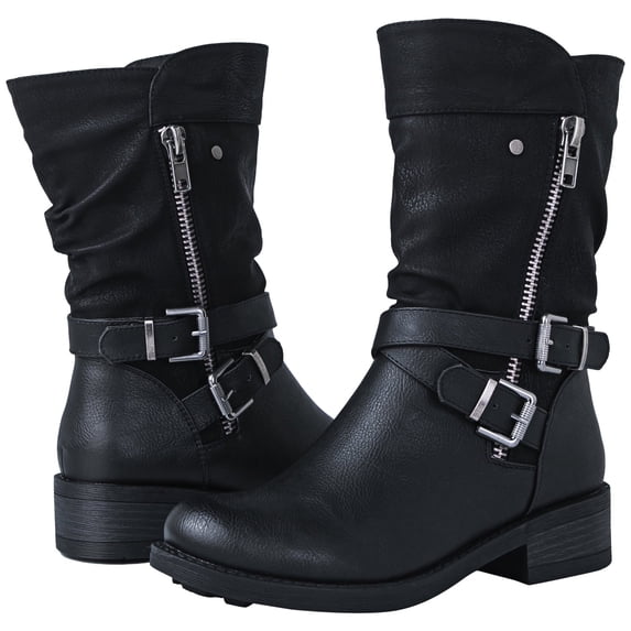 GLOBALWIN Women's Fall Fashion Biker Boots Mid Calf Boots for Women Black 8M