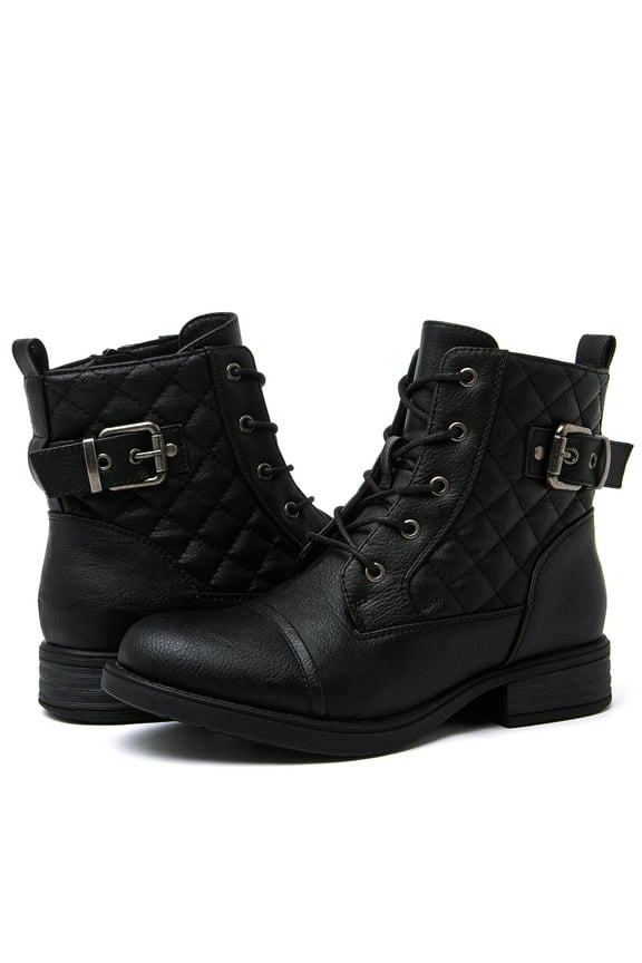GLOBALWIN Women's Lace Up Ankle Bootie Military Black Combat Boots 8M